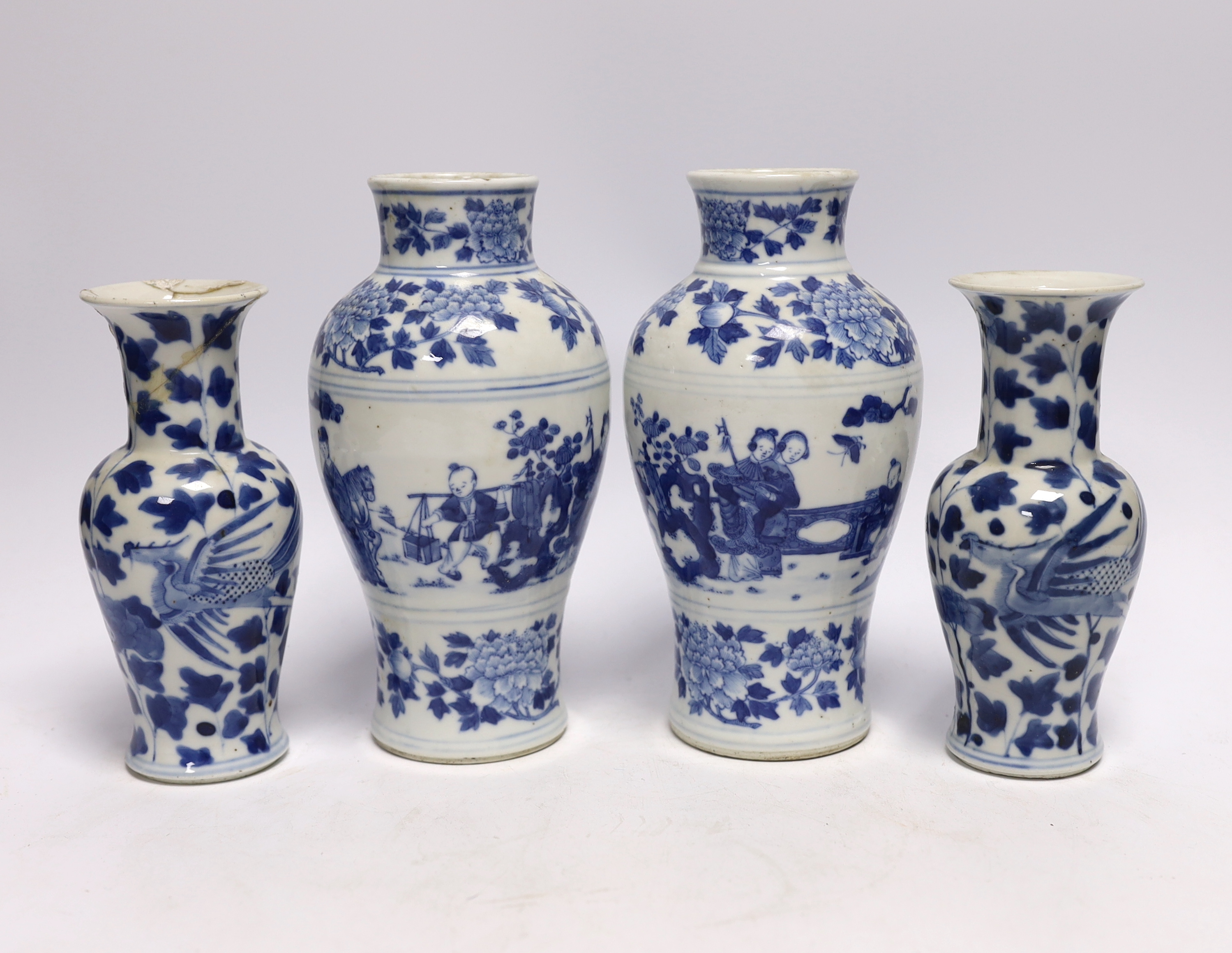 Two pairs of Chinese blue and white vases, largest 19cm high